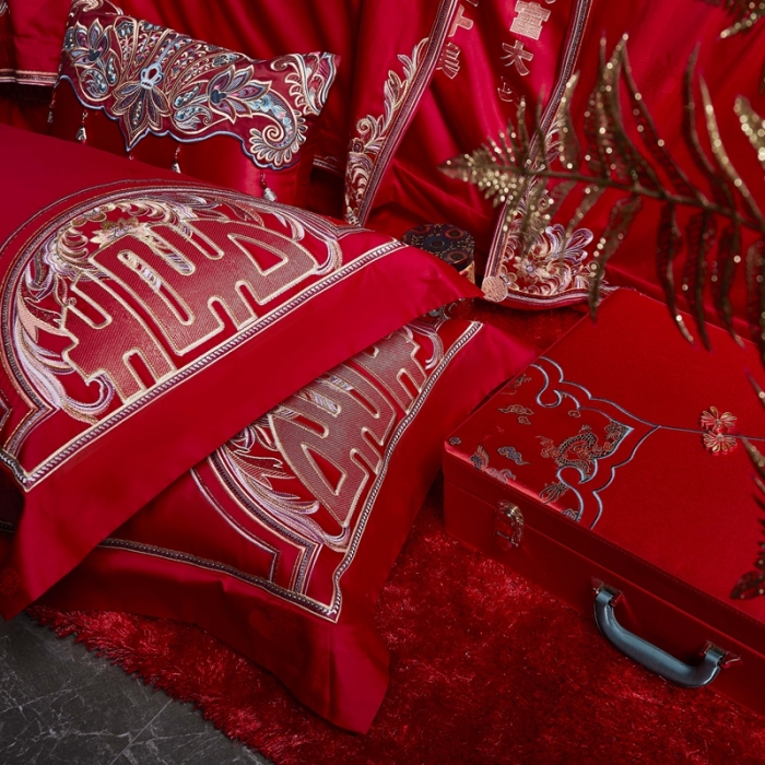 91家纺网 家纺一手货源 找家纺 缔缦 2022新款全棉婚庆系列四件套多件套 喜妆场景1