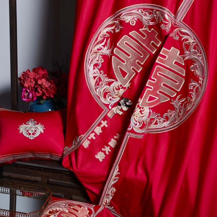 91家纺网 家纺一手货源 找家纺 缔缦 2022新款全棉婚庆系列四件套多件套 喜妆场景1