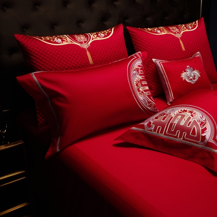 91家纺网 家纺一手货源 找家纺 缔缦 2022新款全棉婚庆系列四件套多件套 喜妆场景2