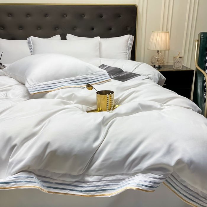 91家纺网 家纺一手货源 找家纺 2022新款轻奢酒店风宽边四线绣水洗棉磨毛简约款四件套 奢-贵族白