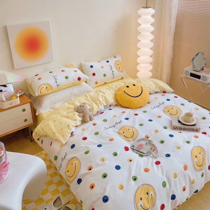 91家纺网 家纺一手货源 找家纺 顾里 2022新款13372全棉四件套-卡通 彩色笑脸