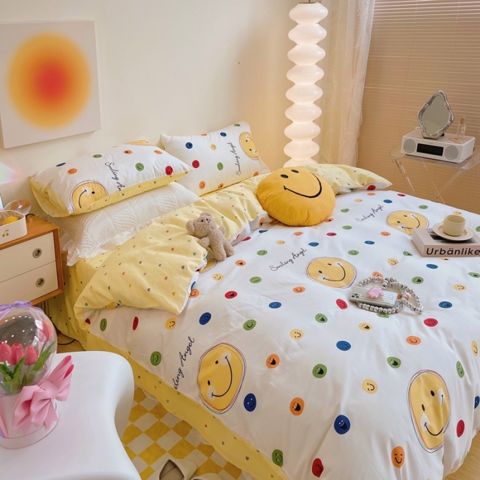 91家纺网 家纺一手货源 找家纺 顾里 2022新款13372全棉四件套-卡通 彩色笑脸