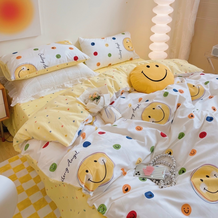 91家纺网 家纺一手货源 找家纺 顾里 2022新款13372全棉四件套-卡通 彩色笑脸
