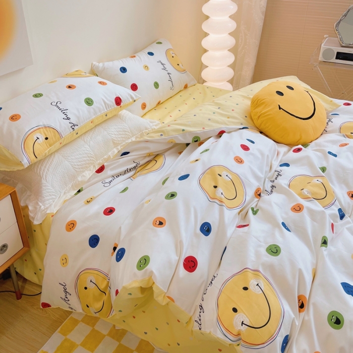 91家纺网 家纺一手货源 找家纺 顾里 2022新款13372全棉四件套-卡通 彩色笑脸