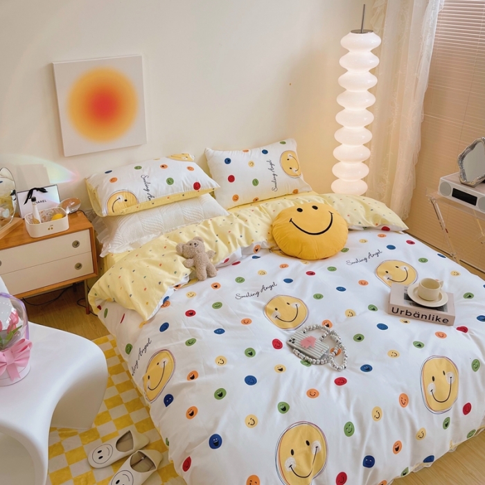 91家纺网 家纺一手货源 找家纺 顾里 2022新款13372全棉四件套-卡通 彩色笑脸