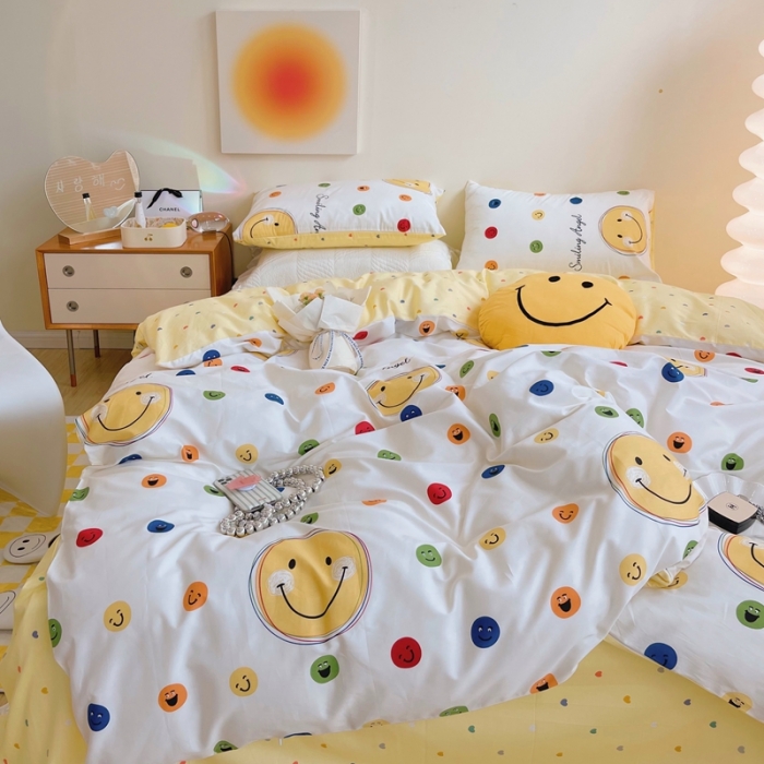 91家纺网 家纺一手货源 找家纺 顾里 2022新款13372全棉四件套-卡通 彩色笑脸