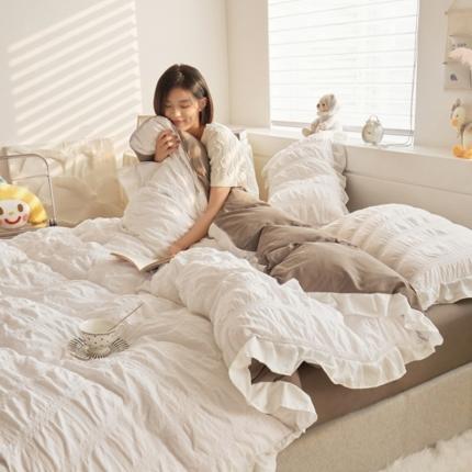 91家纺网 家纺一手货源 找家纺 ab家纺 2023新款泡泡纱水洗棉四件套 泡泡纱白灰