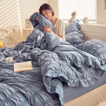 91家纺网 家纺一手货源 找家纺 ab家纺 2023新款泡泡纱水洗棉四件套 泡泡纱蔚蓝