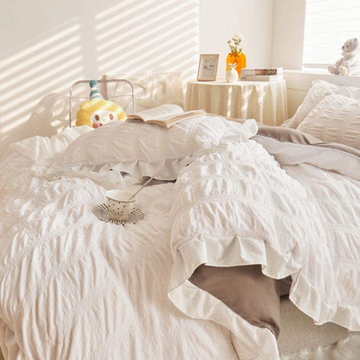 91家纺网 家纺一手货源 找家纺 ab家纺 2023新款泡泡纱水洗棉四件套 泡泡纱白灰