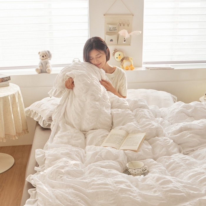 91家纺网 家纺一手货源 找家纺 ab家纺 2023新款泡泡纱水洗棉四件套 泡泡纱白灰