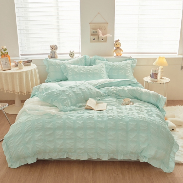 91家纺网 家纺一手货源 找家纺 ab家纺 2023新款泡泡纱水洗棉四件套 泡泡纱薄荷