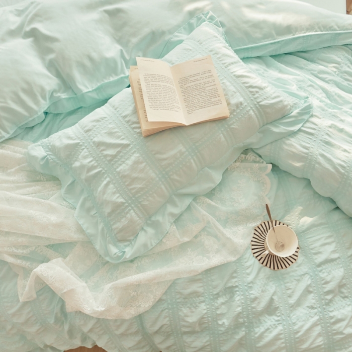 91家纺网 家纺一手货源 找家纺 ab家纺 2023新款泡泡纱水洗棉四件套 泡泡纱薄荷