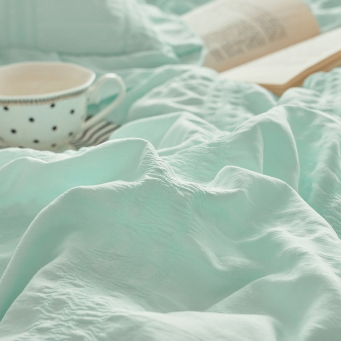 91家纺网 家纺一手货源 找家纺 ab家纺 2023新款泡泡纱水洗棉四件套 泡泡纱薄荷