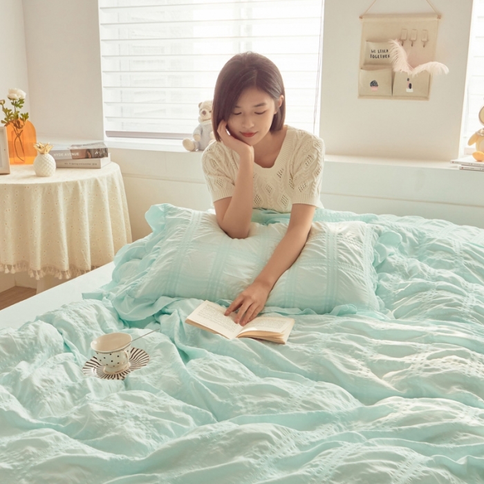 91家纺网 家纺一手货源 找家纺 ab家纺 2023新款泡泡纱水洗棉四件套 泡泡纱薄荷