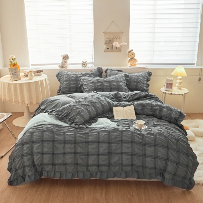 91家纺网 家纺一手货源 找家纺 ab家纺 2023新款泡泡纱水洗棉四件套 泡泡纱高级灰