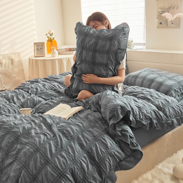 91家纺网 家纺一手货源 找家纺 ab家纺 2023新款泡泡纱水洗棉四件套 泡泡纱高级灰