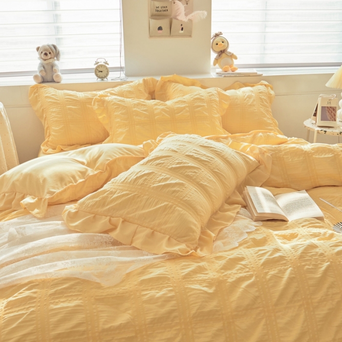 91家纺网 家纺一手货源 找家纺 ab家纺 2023新款泡泡纱水洗棉四件套 泡泡纱姜黄