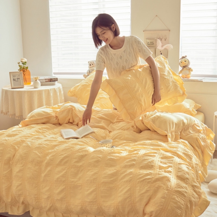 91家纺网 家纺一手货源 找家纺 ab家纺 2023新款泡泡纱水洗棉四件套 泡泡纱姜黄