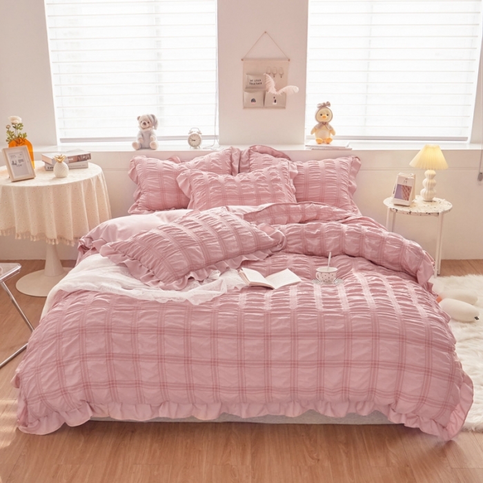 91家纺网 家纺一手货源 找家纺 ab家纺 2023新款泡泡纱水洗棉四件套 泡泡纱浅豆沙