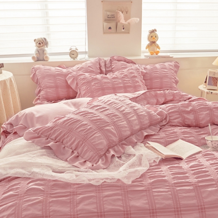 91家纺网 家纺一手货源 找家纺 ab家纺 2023新款泡泡纱水洗棉四件套 泡泡纱浅豆沙