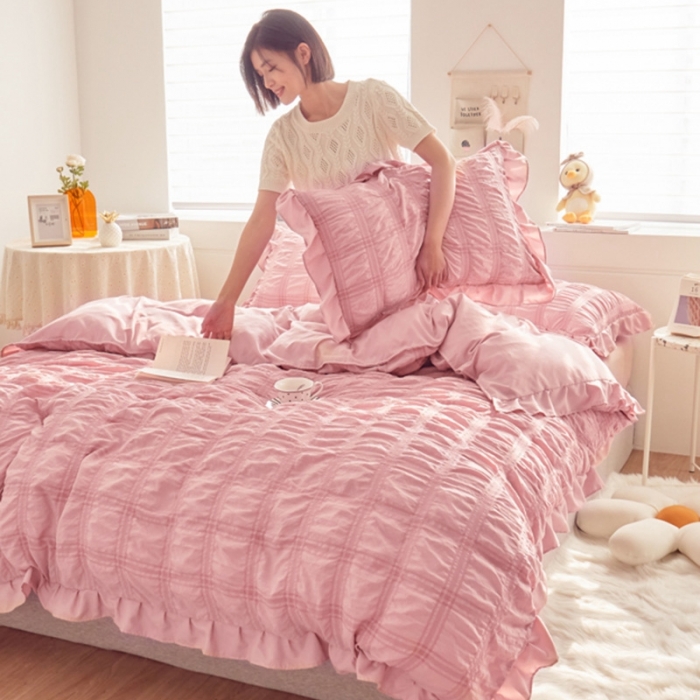 91家纺网 家纺一手货源 找家纺 ab家纺 2023新款泡泡纱水洗棉四件套 泡泡纱浅豆沙