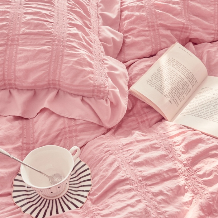 91家纺网 家纺一手货源 找家纺 ab家纺 2023新款泡泡纱水洗棉四件套 泡泡纱浅豆沙