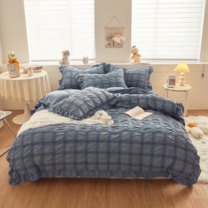 91家纺网 家纺一手货源 找家纺 ab家纺 2023新款泡泡纱水洗棉四件套 泡泡纱蔚蓝