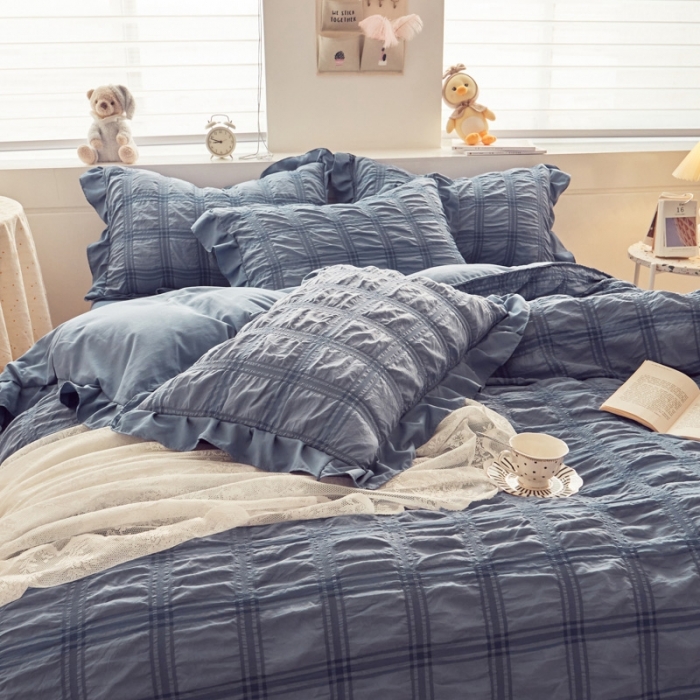 91家纺网 家纺一手货源 找家纺 ab家纺 2023新款泡泡纱水洗棉四件套 泡泡纱蔚蓝