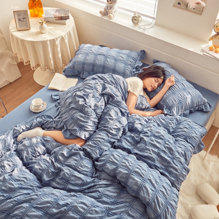 91家纺网 家纺一手货源 找家纺 ab家纺 2023新款泡泡纱水洗棉四件套 泡泡纱蔚蓝