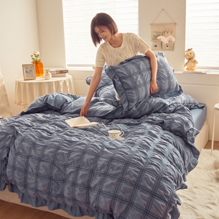 91家纺网 家纺一手货源 找家纺 ab家纺 2023新款泡泡纱水洗棉四件套 泡泡纱蔚蓝