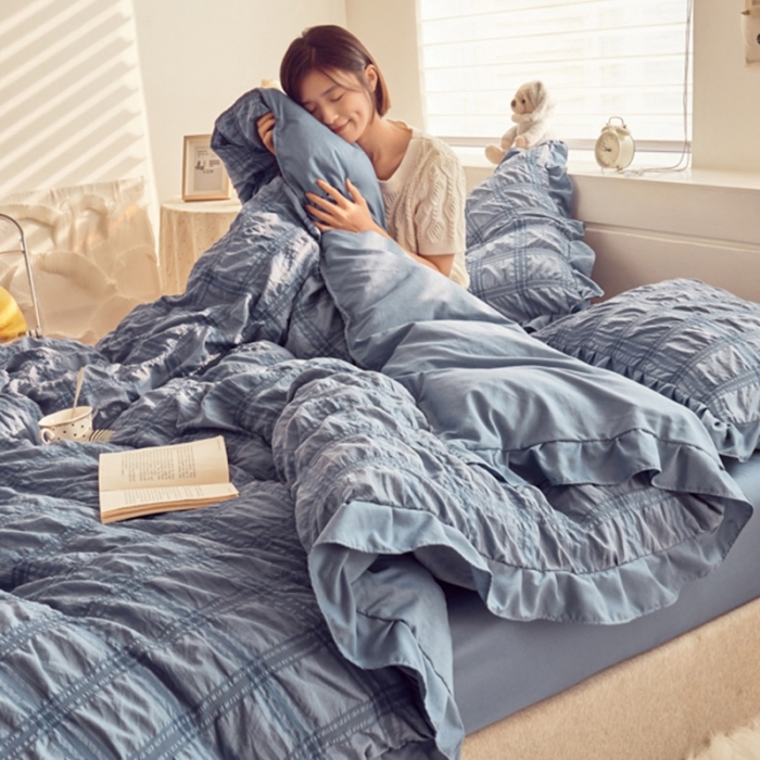 91家纺网 家纺一手货源 找家纺 ab家纺 2023新款泡泡纱水洗棉四件套 泡泡纱蔚蓝