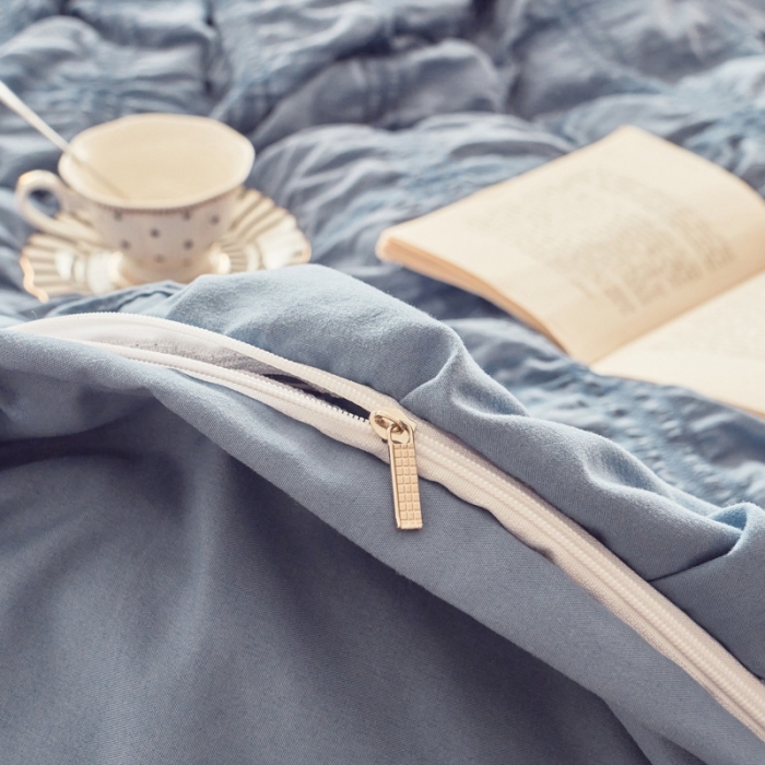 91家纺网 家纺一手货源 找家纺 ab家纺 2023新款泡泡纱水洗棉四件套 泡泡纱蔚蓝