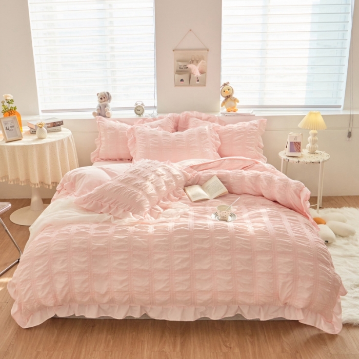 91家纺网 家纺一手货源 找家纺 ab家纺 2023新款泡泡纱水洗棉四件套 泡泡纱香叶粉