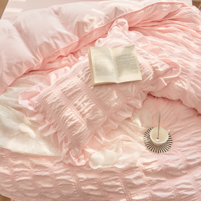 91家纺网 家纺一手货源 找家纺 ab家纺 2023新款泡泡纱水洗棉四件套 泡泡纱香叶粉