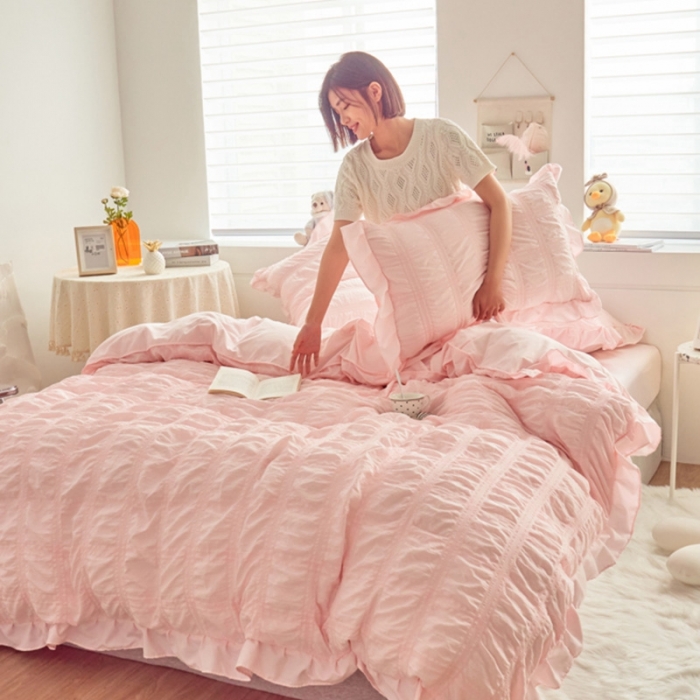 91家纺网 家纺一手货源 找家纺 ab家纺 2023新款泡泡纱水洗棉四件套 泡泡纱香叶粉