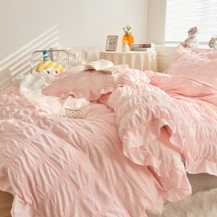 91家纺网 家纺一手货源 找家纺 ab家纺 2023新款泡泡纱水洗棉四件套 泡泡纱香叶粉