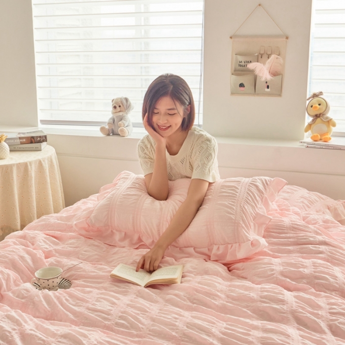 91家纺网 家纺一手货源 找家纺 ab家纺 2023新款泡泡纱水洗棉四件套 泡泡纱香叶粉