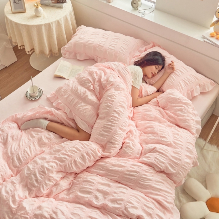 91家纺网 家纺一手货源 找家纺 ab家纺 2023新款泡泡纱水洗棉四件套 泡泡纱香叶粉