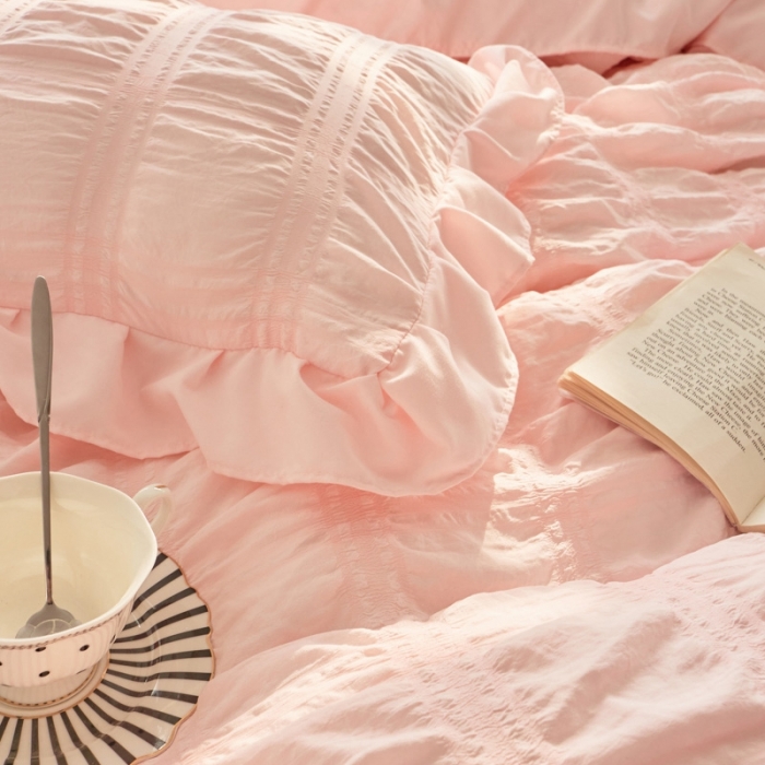 91家纺网 家纺一手货源 找家纺 ab家纺 2023新款泡泡纱水洗棉四件套 泡泡纱香叶粉