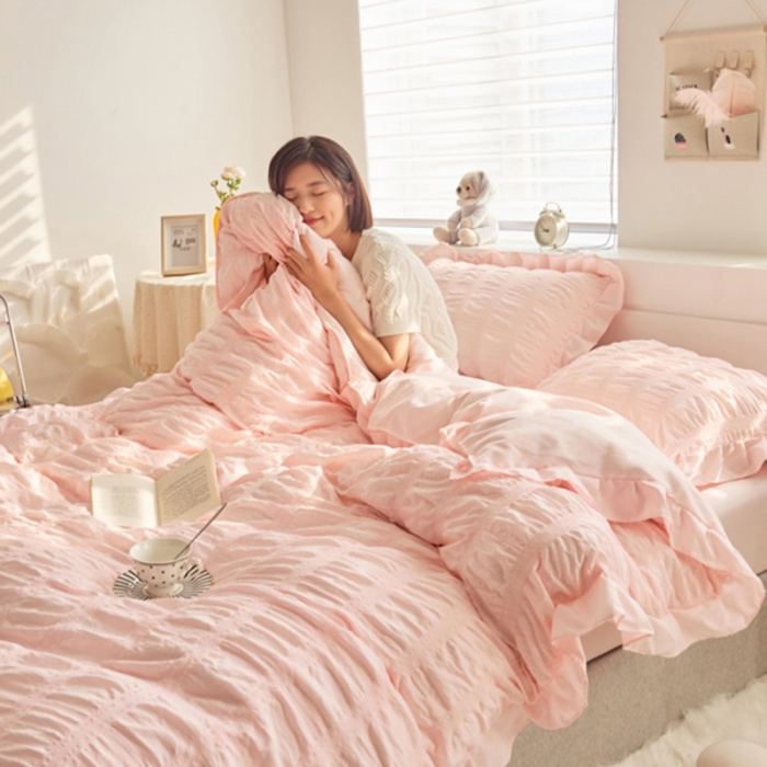 91家纺网 家纺一手货源 找家纺 ab家纺 2023新款泡泡纱水洗棉四件套 泡泡纱香叶粉