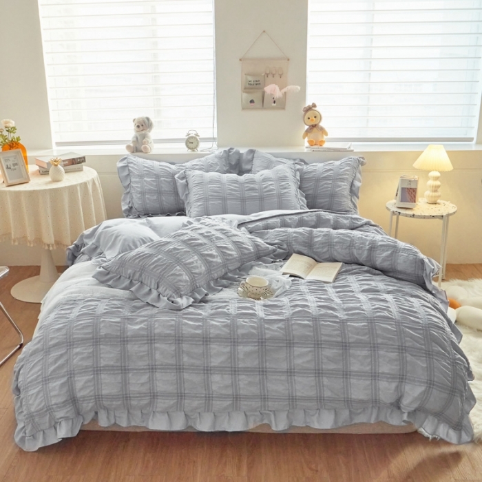 91家纺网 家纺一手货源 找家纺 ab家纺 2023新款泡泡纱水洗棉四件套 泡泡纱紫灰