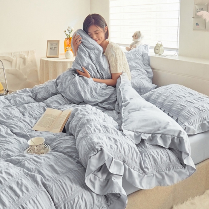 91家纺网 家纺一手货源 找家纺 ab家纺 2023新款泡泡纱水洗棉四件套 泡泡纱紫灰