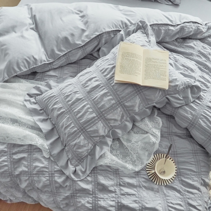 91家纺网 家纺一手货源 找家纺 ab家纺 2023新款泡泡纱水洗棉四件套 泡泡纱紫灰