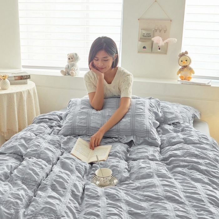 91家纺网 家纺一手货源 找家纺 ab家纺 2023新款泡泡纱水洗棉四件套 泡泡纱紫灰