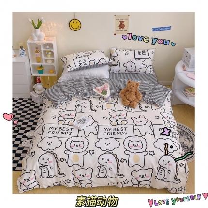 91家纺网 家纺一手货源 找家纺 顾里 2022新款13372全棉四件套-治 愈卡通 素描动物