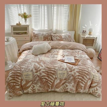 91家纺网 家纺一手货源 找家纺 顾里 2022新款13372全棉四件套-韩系全棉影棚图 复古藤蔓咖