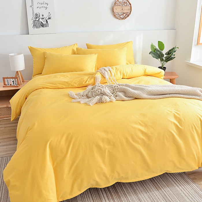 91家纺网 家纺一手货源 找家纺 极梦2025新款40S纯棉长绒棉纯色全棉四件套喷气三件套 亮黄
