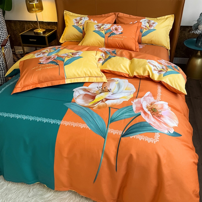 91家纺网 家纺一手货源 找家纺 金爱家 2023大版13372全棉花卉四件套独 家轻歌曼舞桔