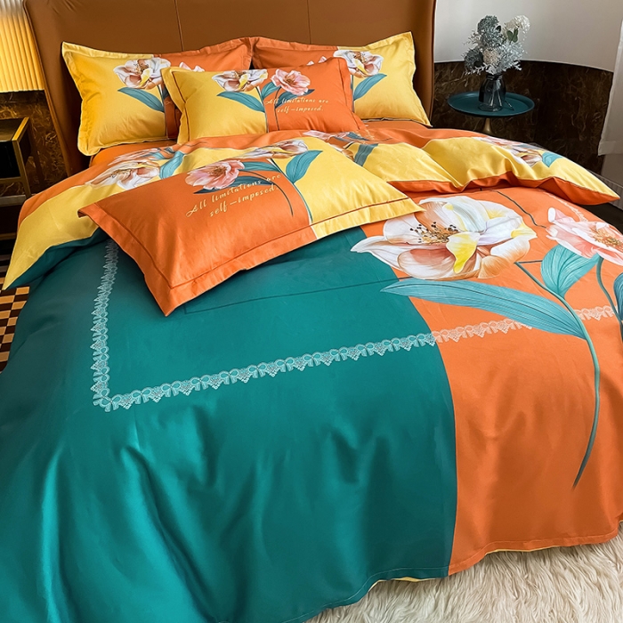 91家纺网 家纺一手货源 找家纺 金爱家 2023大版13372全棉花卉四件套独 家轻歌曼舞桔