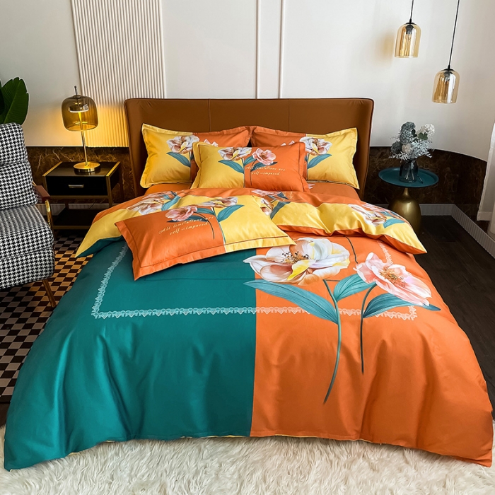 91家纺网 家纺一手货源 找家纺 金爱家 2023大版13372全棉花卉四件套独 家轻歌曼舞桔